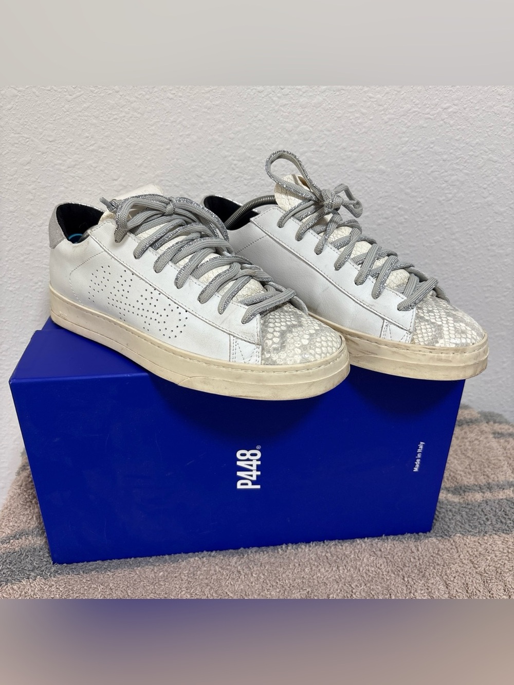 P448 White Leather Low-Top Sneakers with Gray Laces and Snake-Print Toe size 10
